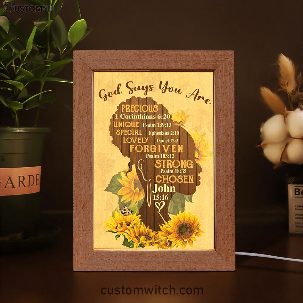 African American God Says You Are Sunflower Frame Lamp Prints - Bible Verse Decor - Scripture Art