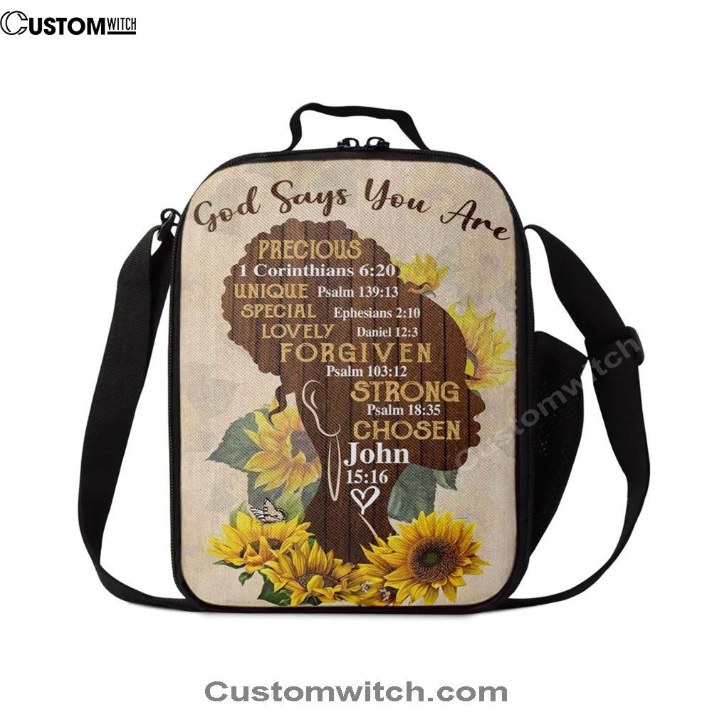 African American God Says You Are Sunflower Lunch Bag, Christian Lunch Bag For School, Picnic, Religious Lunch Bag