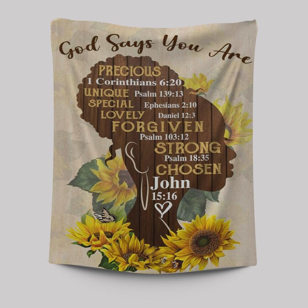African American God Says You Are Sunflower Tapestry Prints - Bible Verse Wall Decor - Scripture Wall Art