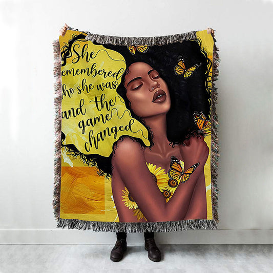African American Woman Black Woven Blanket Art - She Remembered Who She Was And The Game Changed Boho Blanket -Encouragement Gifts For Women