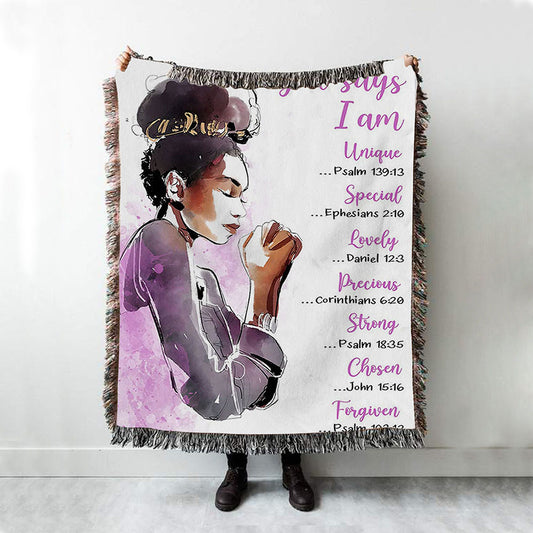 African American Women God Says I Am Woven Blanket Prints - Motivational Throw Blanket For Black Girls Teens