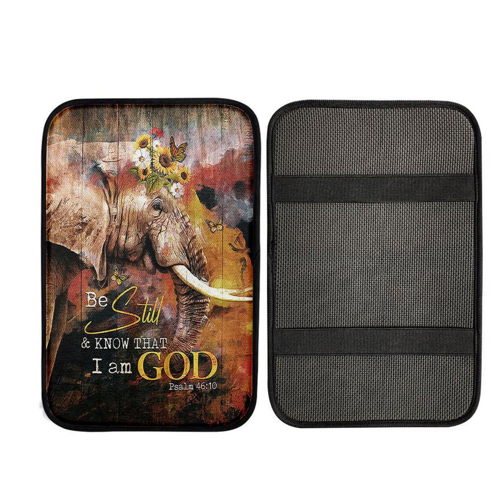 African Elephant Sunflower Be Still And Know That I Am God Car Center Console Cover, Christian Auto Armrest Cover