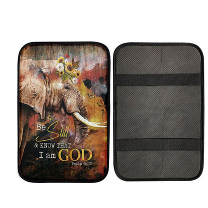 African Elephant Sunflower Be Still And Know That I Am God Car Center Console Cover, Christian Auto Armrest Cover