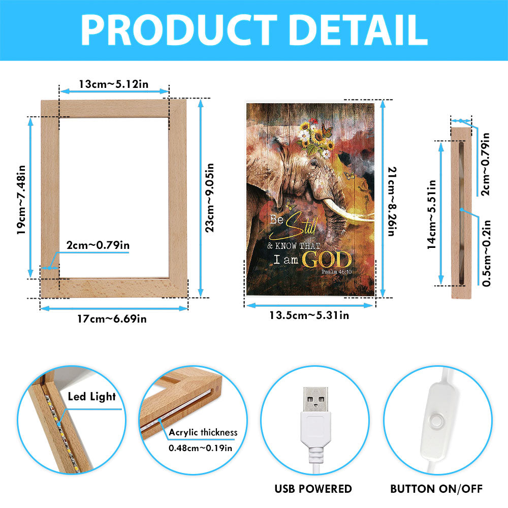 African Elephant Sunflower Be Still And Know That I Am God Frame Lamp Art - Christian Night Light - Bible Verse Wooden Lamp