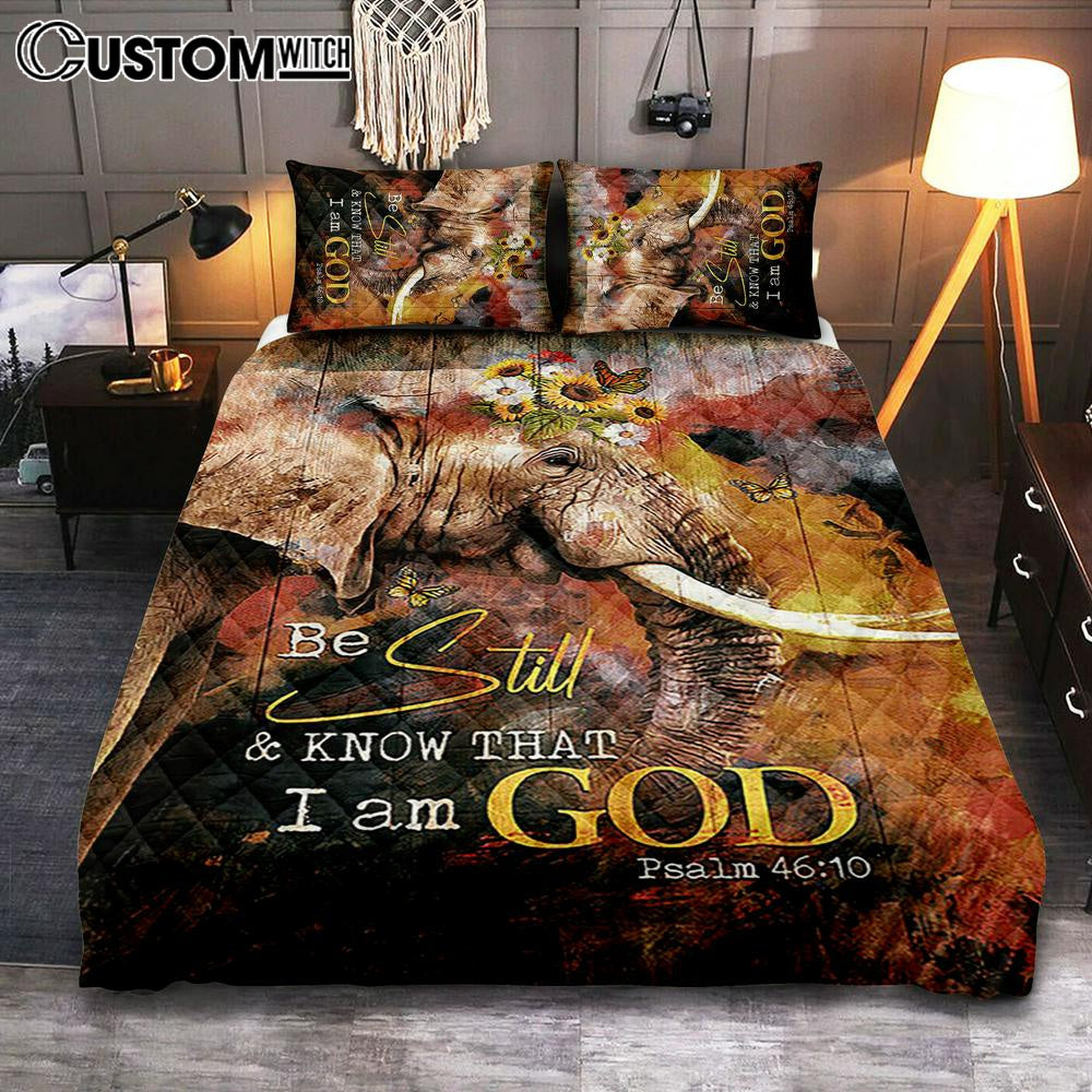 African Elephant Sunflower Be Still And Know That I Am God Quilt Bedding Set Bedroom - Christian Quilt Bedding Set Prints - Bible Verse Quilt Bedding Set Art