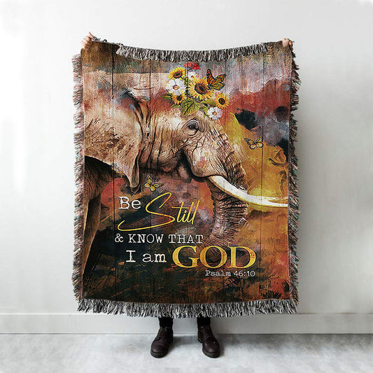 African Elephant Sunflower Be Still And Know That I Am God Woven Throw Blanket - Christian Woven Blanket Prints - Bible Verse Woven Blanket Art