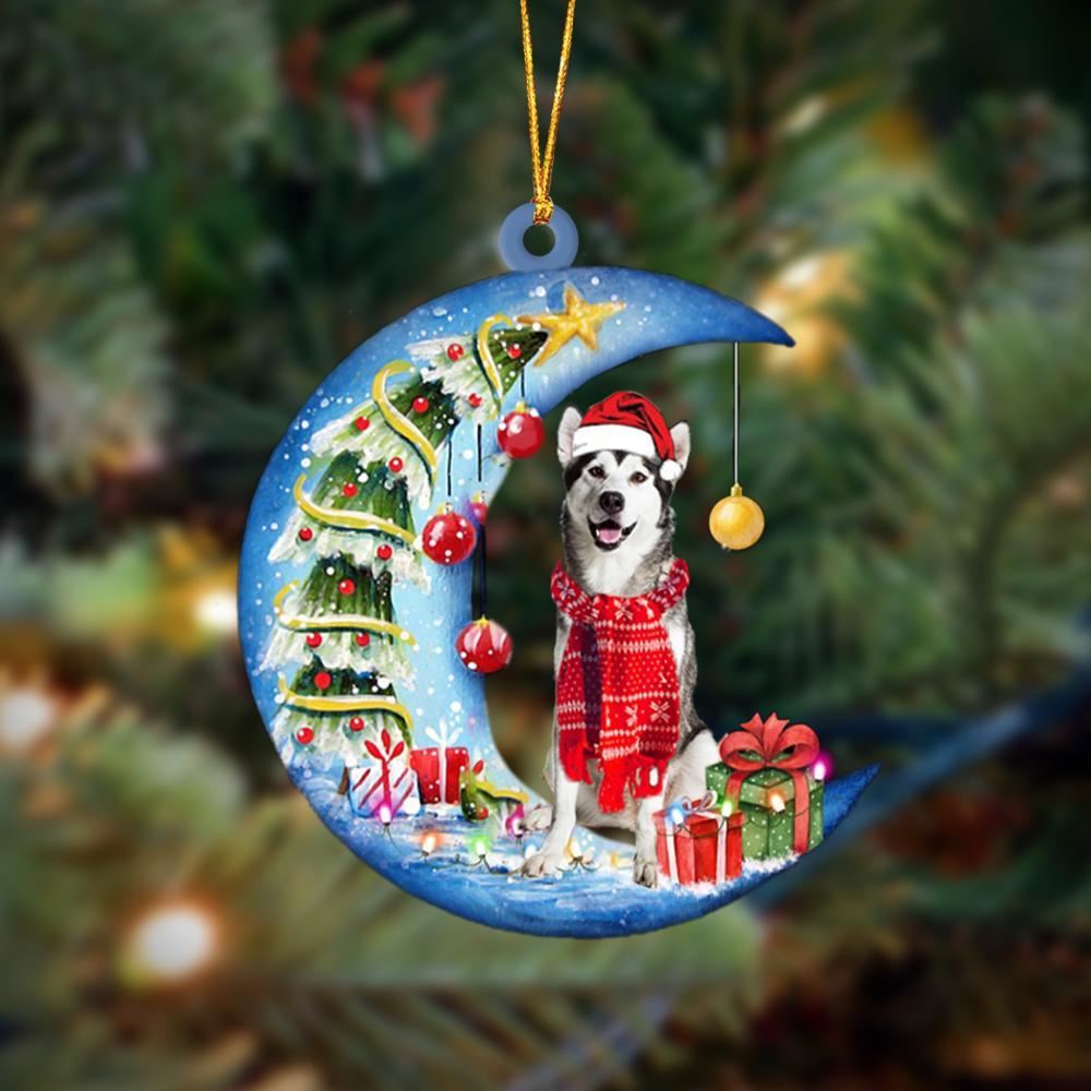 Alaskan Malamute Sits On The Moon Merry Christmas Hanging Ornament, Christmas Gift, Christmas Tree Decorations, Christmas Ornament 2023
