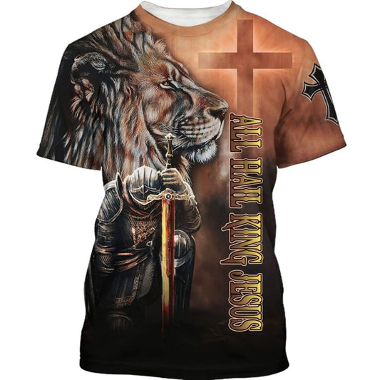 All Hail King Jesuss, Knight Templar Warrior Lion All Over Print 3D T-Shirt, Gift For Christian, Jesus Shirt