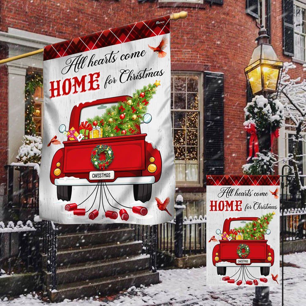 All Hearts Come Home For Christmas Red  Truck Flag, Christmas Garden Flag, Home Decor Accessories, Christmas Outdoor Decor Ideas