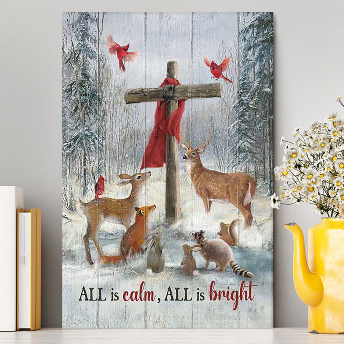 All Is Calm All Is Bright Animal Wooden Cross Canvas Wall Art - Christian Canvas Prints - Bible Verse Canvas Art