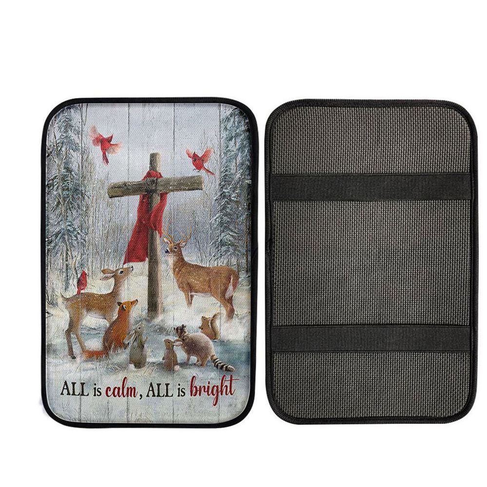 All Is Calm All Is Bright Animal Wooden Cross Car Center Console Cover, Christian Car Armrest Cover