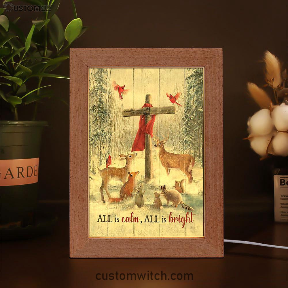All Is Calm All Is Bright Animal Wooden Cross Frame Lamp Art - Christian Night Light - Bible Verse Wooden Lamp