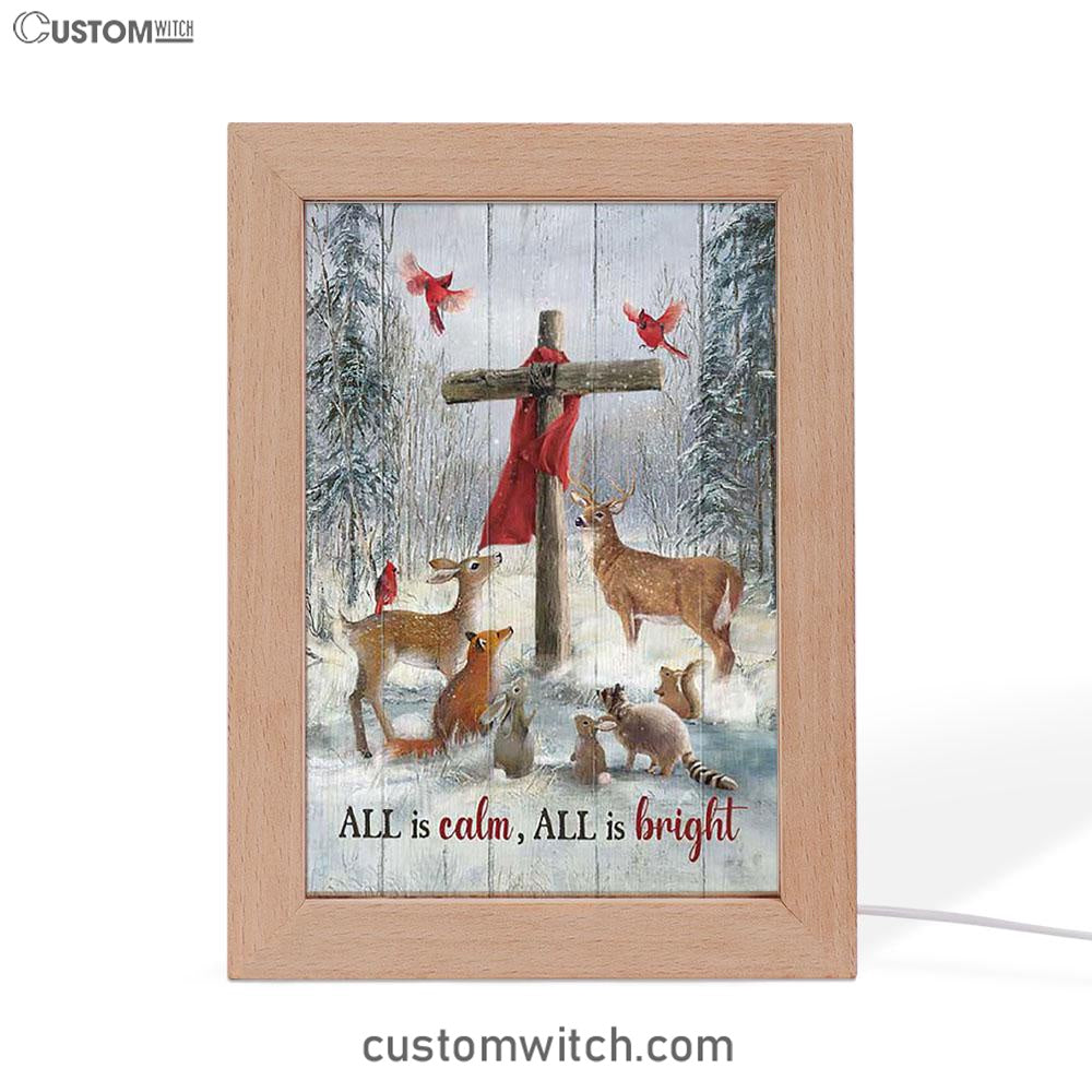 All Is Calm All Is Bright Animal Wooden Cross Frame Lamp Art - Christian Night Light - Bible Verse Wooden Lamp