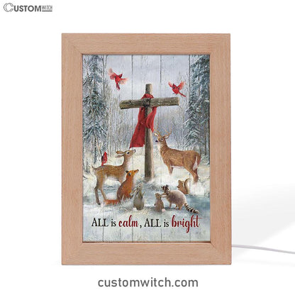 All Is Calm All Is Bright Animal Wooden Cross Frame Lamp Art - Christian Night Light - Bible Verse Wooden Lamp