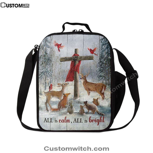 All Is Calm All Is Bright Animal Wooden Cross Lunch Bag, Christian Lunch Bag For School, Picnic, Religious Lunch Bag