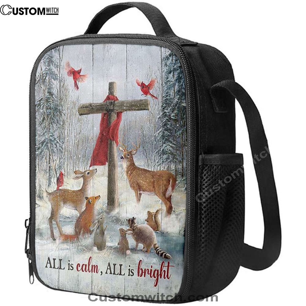All Is Calm All Is Bright Animal Wooden Cross Lunch Bag, Christian Lunch Bag For School, Picnic, Religious Lunch Bag
