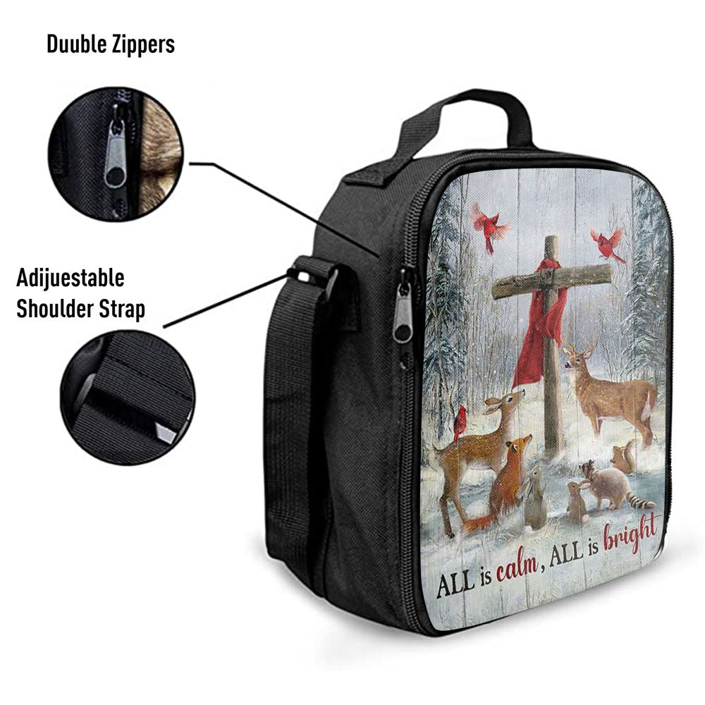 All Is Calm All Is Bright Animal Wooden Cross Lunch Bag, Christian Lunch Bag For School, Picnic, Religious Lunch Bag