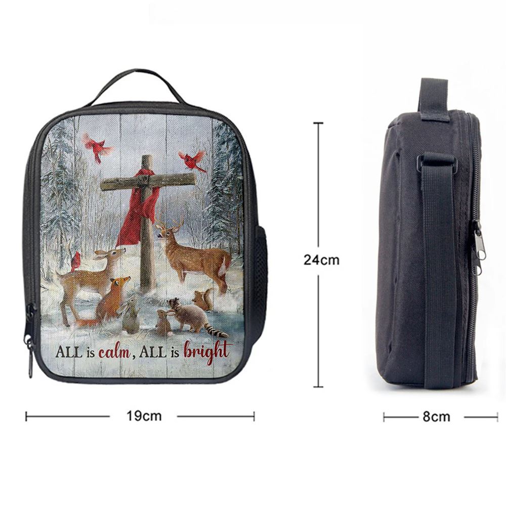 All Is Calm All Is Bright Animal Wooden Cross Lunch Bag, Christian Lunch Bag For School, Picnic, Religious Lunch Bag