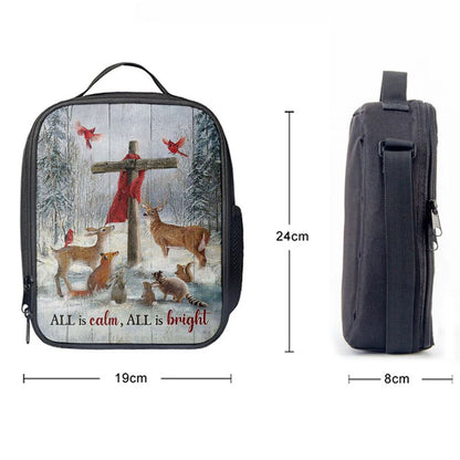 All Is Calm All Is Bright Animal Wooden Cross Lunch Bag, Christian Lunch Bag For School, Picnic, Religious Lunch Bag