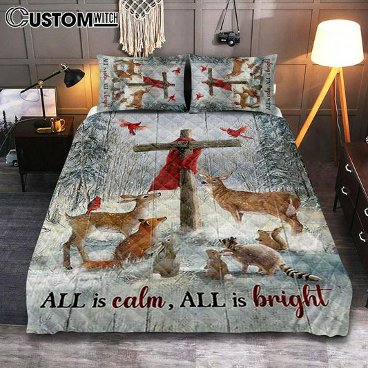 All Is Calm All Is Bright Animal Wooden Cross Quilt Bedding Set Bedroom - Christian Quilt Bedding Set Prints - Bible Verse Quilt Bedding Set Art