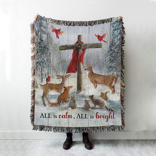 All Is Calm All Is Bright Animal Wooden Cross Woven Throw Blanket - Christian Woven Blanket Prints - Bible Verse Woven Blanket Art