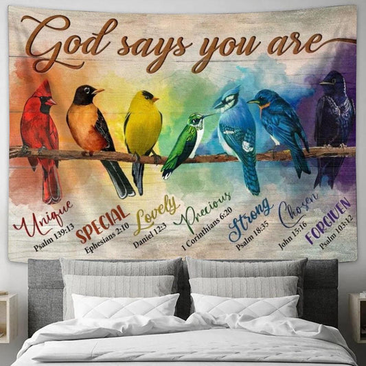 Alluring Bird, Pretty Red Cardinal, Bible Verses, Colorful Paintings, God Says You Are Tapestry, Tapestries for Living Room Bedroom