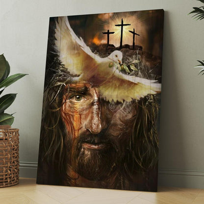 Amazing Dove With Olive Branch, Three Wooden Crosses, Beautiful Jesus Painting Canvas, Christmas Gift for Christian