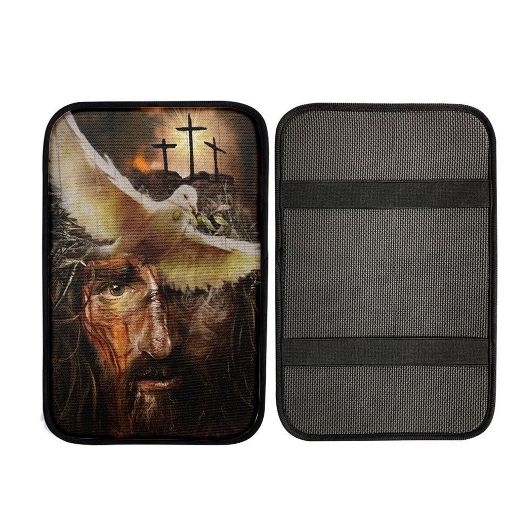 Amazing Dove With Olive Branch, Three Wooden Crosses, Beautiful Jesus Painting Car Center Console Cover, Car Armrest Pad, Armrest Box Mat