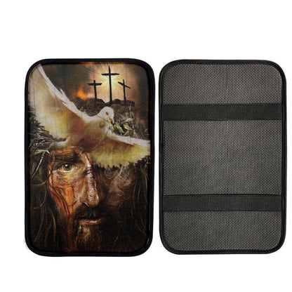 Amazing Dove With Olive Branch, Three Wooden Crosses, Beautiful Jesus Painting Car Center Console Cover, Car Armrest Pad, Armrest Box Mat