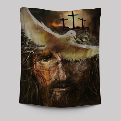 Amazing Dove With Olive Branch, Three Wooden Crosses, Beautiful Jesus Painting Tapestry