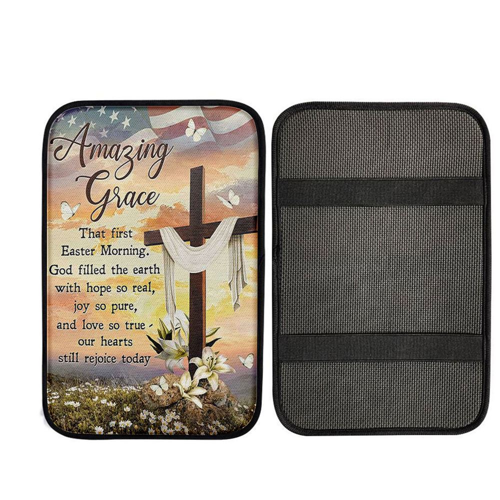 Amazing Grace Beautiful Cross Lily Flower Car Center Console Cover, Christian Car Armrest Cover