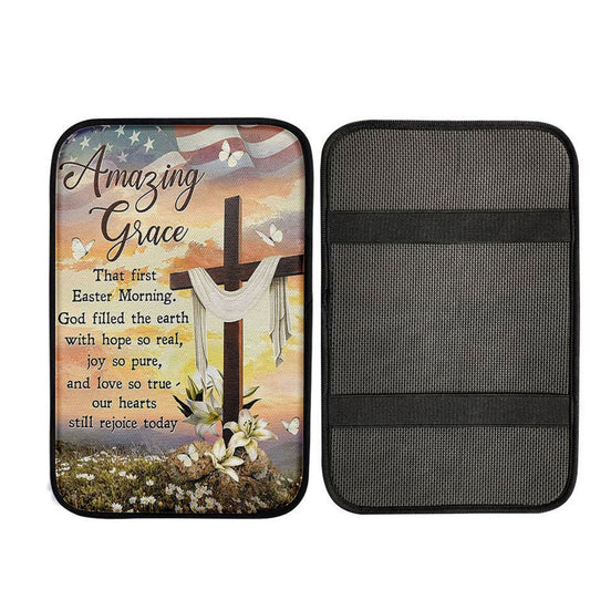 Amazing Grace Beautiful Cross Lily Flower Car Center Console Cover, Christian Car Armrest Cover