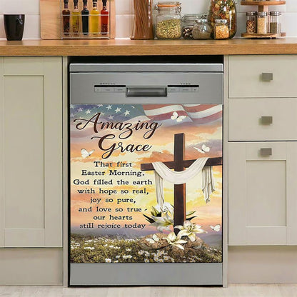 Amazing Grace Beautiful Cross Lily Flower Dishwasher Cover, Bible Verse Dishwasher Magnet Cover, Inspirational Kitchen Decor