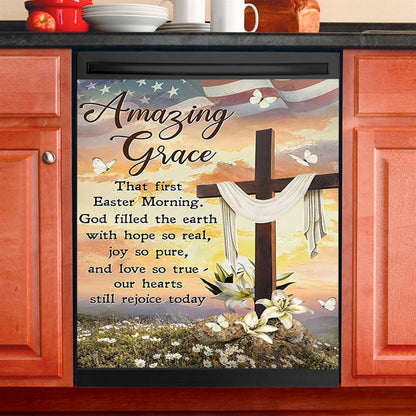 Amazing Grace Beautiful Cross Lily Flower Dishwasher Cover, Bible Verse Dishwasher Magnet Cover, Inspirational Kitchen Decor