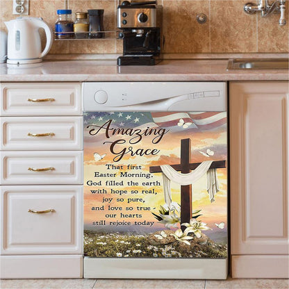 Amazing Grace Beautiful Cross Lily Flower Dishwasher Cover, Bible Verse Dishwasher Magnet Cover, Inspirational Kitchen Decor