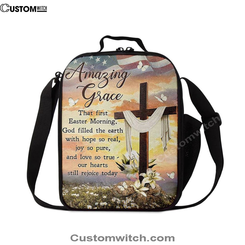 Amazing Grace Beautiful Cross Lily Flower Lunch Bag, Christian Lunch Bag For School, Picnic, Religious Lunch Bag