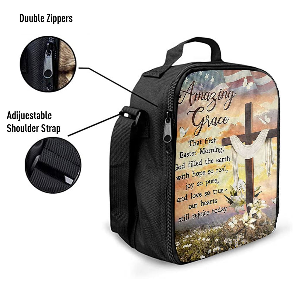 Amazing Grace Beautiful Cross Lily Flower Lunch Bag, Christian Lunch Bag For School, Picnic, Religious Lunch Bag