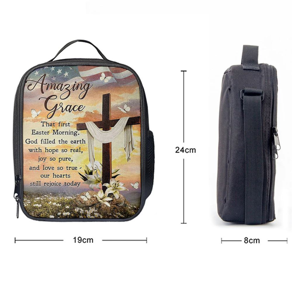 Amazing Grace Beautiful Cross Lily Flower Lunch Bag, Christian Lunch Bag For School, Picnic, Religious Lunch Bag