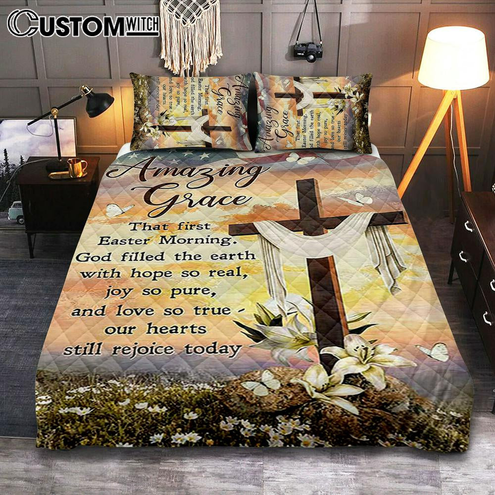 Amazing Grace Beautiful Cross Lily Flower Quilt Bedding Set Bedroom - Bible Verse Quilt Bedding Set Art - Christian Home Decor