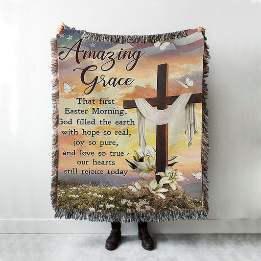 Amazing Grace Beautiful Cross Lily Flower Woven Throw Blanket - Bible Verse Woven Blanket Art - Inspirational Art - Christian Home Decor