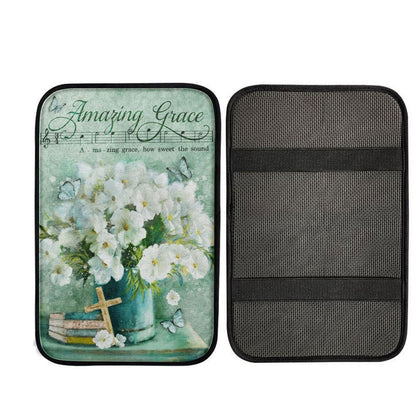 Amazing Grace Flower Cross Book Butterfly Car Center Console Cover, Christian Car Armrest Cover