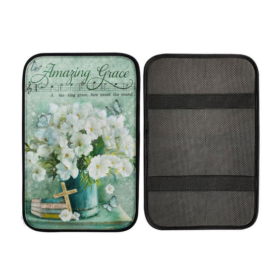 Amazing Grace Flower Cross Book Butterfly Car Center Console Cover, Christian Car Armrest Cover