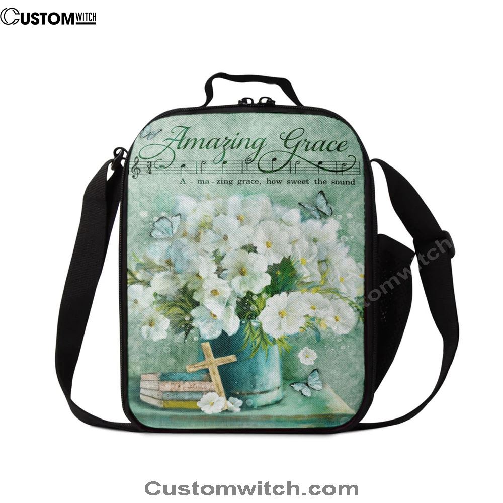 Amazing Grace Flower Cross Book Butterfly Lunch Bag, Christian Lunch Bag For School, Picnic, Religious Lunch Bag