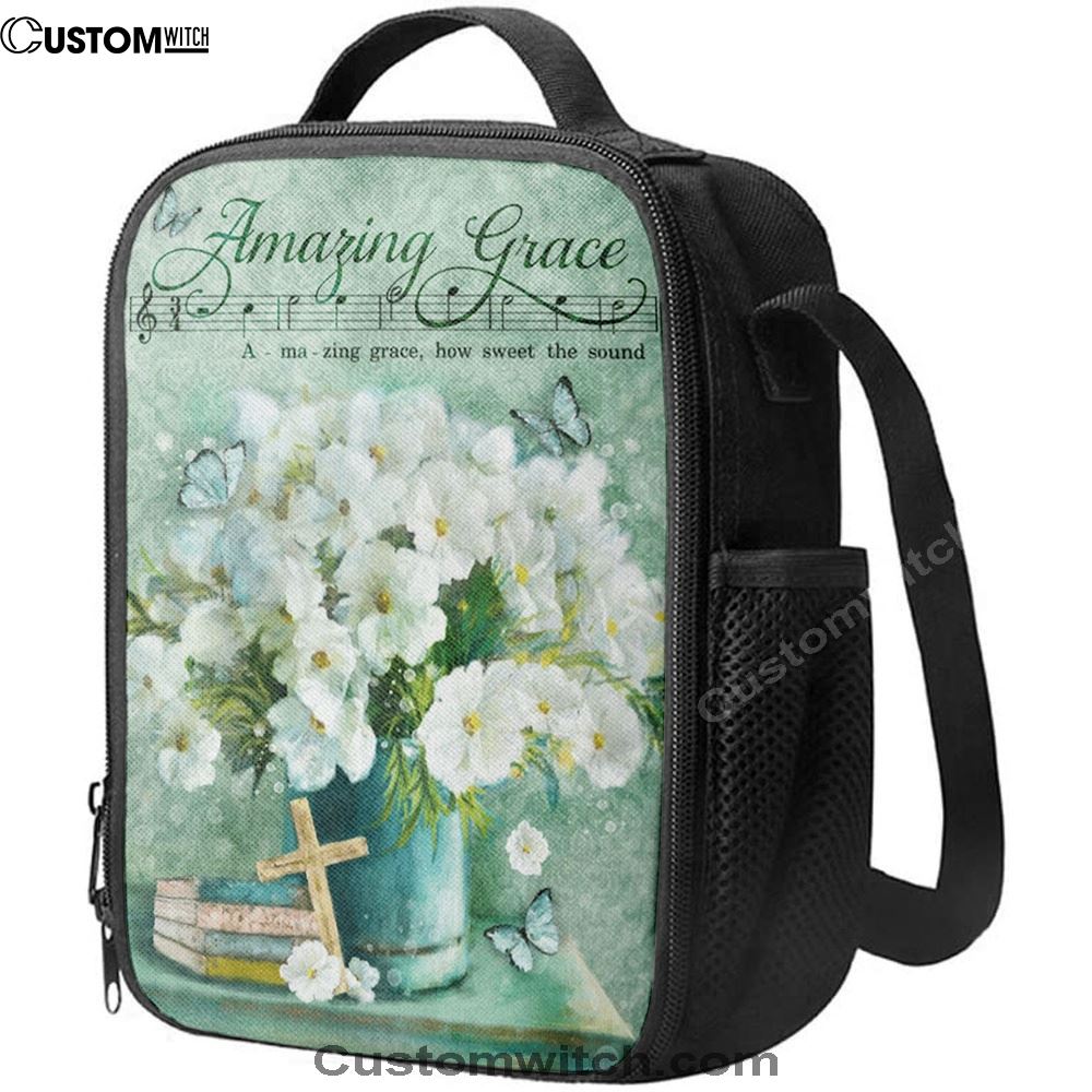 Amazing Grace Flower Cross Book Butterfly Lunch Bag, Christian Lunch Bag For School, Picnic, Religious Lunch Bag