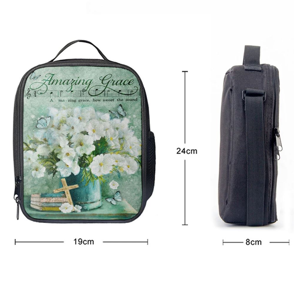 Amazing Grace Flower Cross Book Butterfly Lunch Bag, Christian Lunch Bag For School, Picnic, Religious Lunch Bag