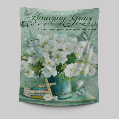 Amazing Grace Flower Cross Book Butterfly Tapestry Wall Art - Christian Wall Art Decor - Religious Tapestries Wall Hanging Prints