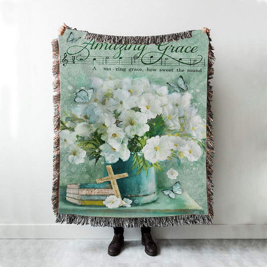Amazing Grace Flower Cross Book Butterfly Woven Throw Blanket - Christian Throw Blanket Decor - Religious Woven Blanket Prints