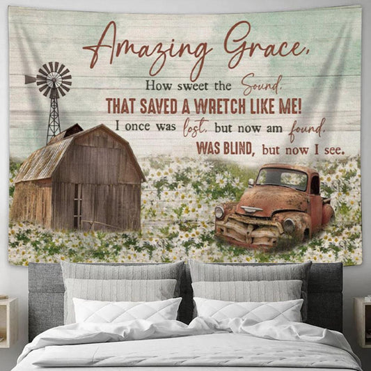 Amazing Grace How Sweet The Sound - Farmhouse Style Tapestry Print - Christian Wall Decor