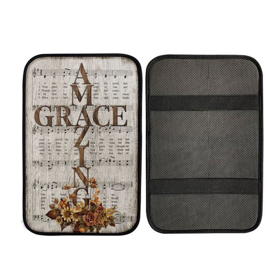 Amazing Grace Song Vintage Flower Jesus Cross Car Center Console Cover, Car Armrest Pad, Christian Gift, Armrest Box Mat