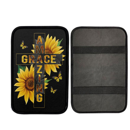 Amazing Grace Sunflower Car Center Console Cover, Cross Car Interior Accessories